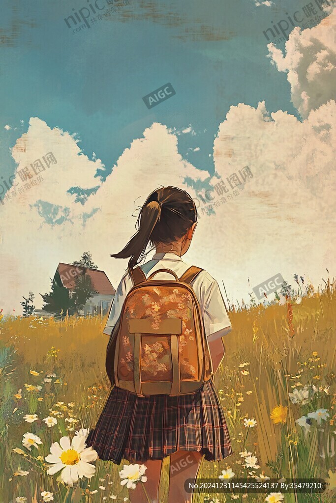 女学生夕阳下插画