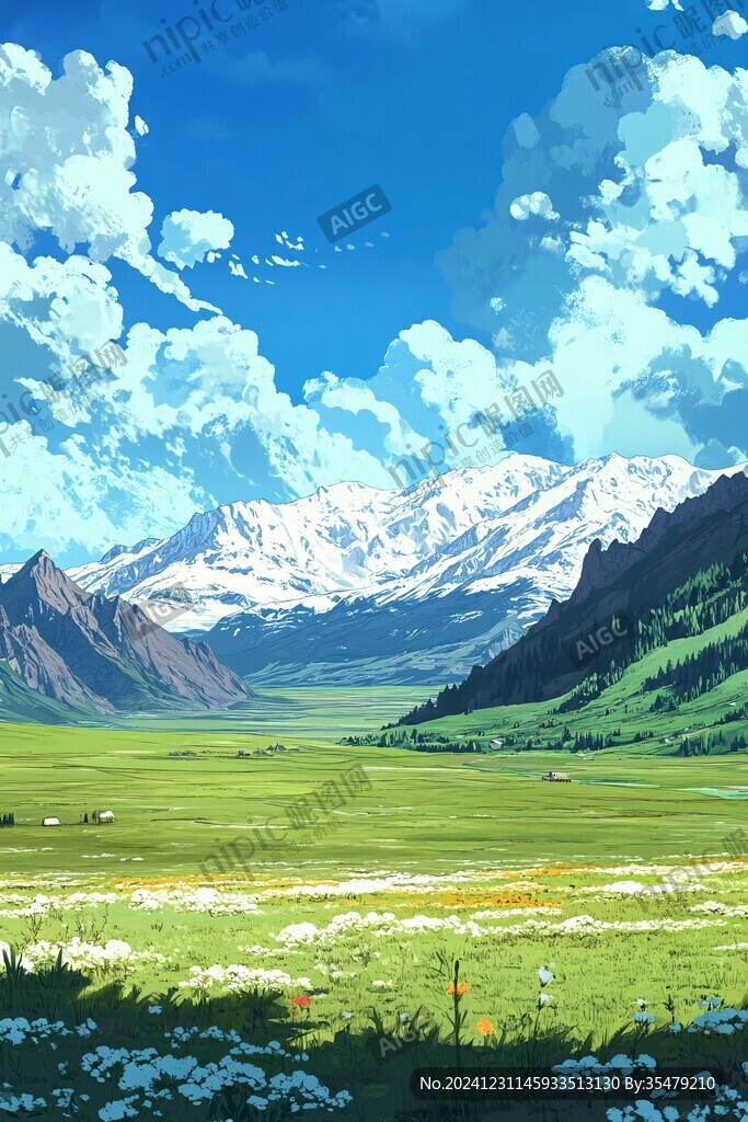 手绘草原草雪山