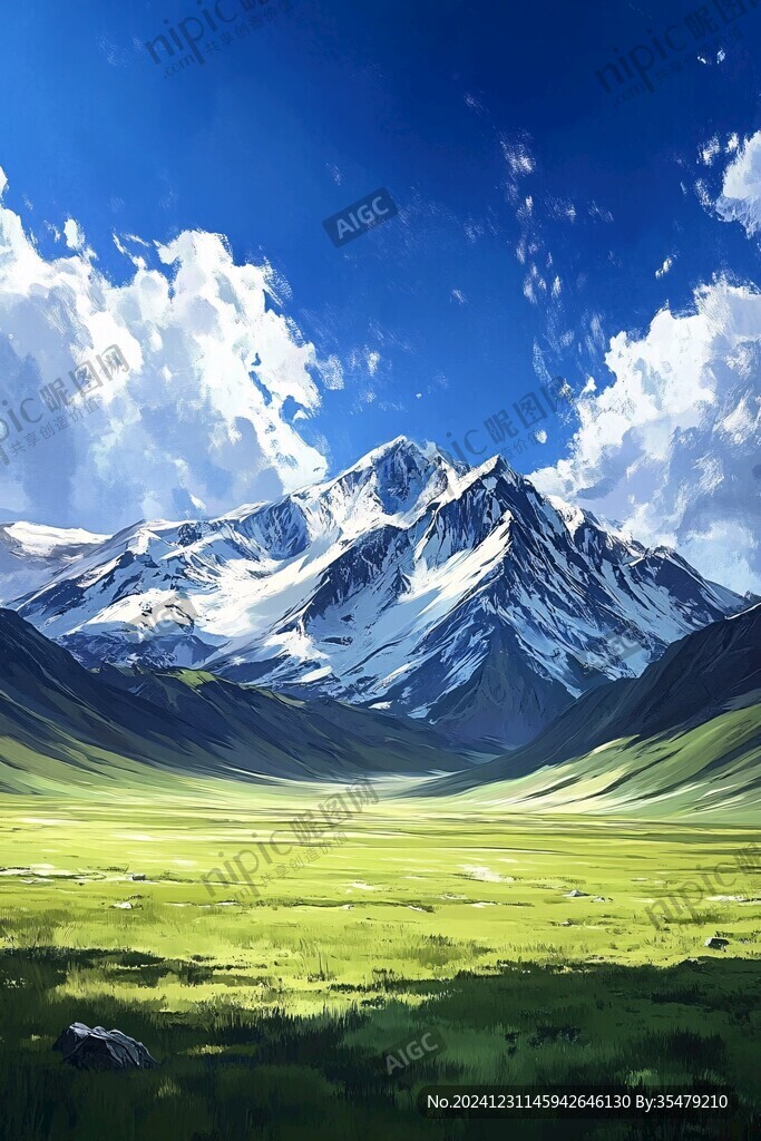 手绘草原草雪山