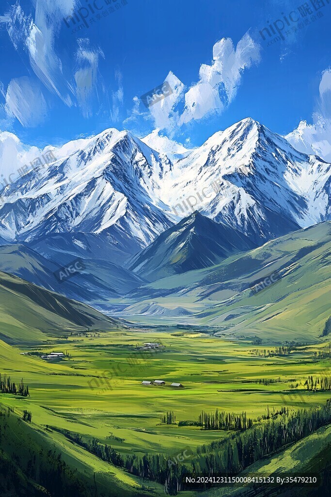 手绘草原草雪山