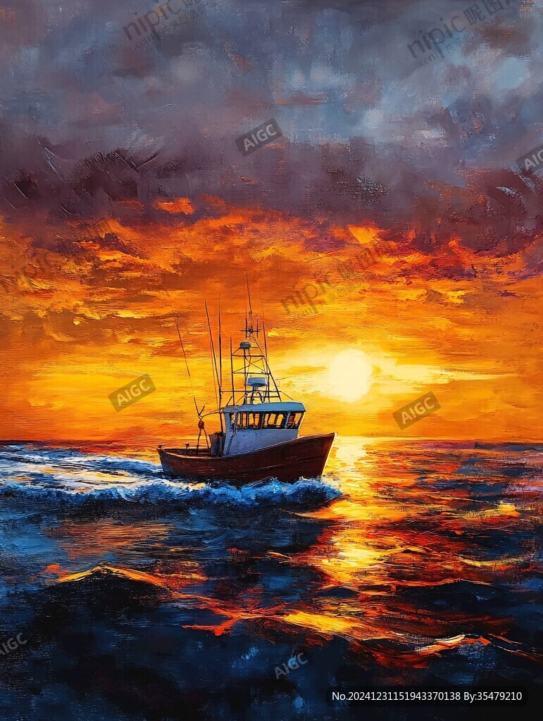 海上日出油画