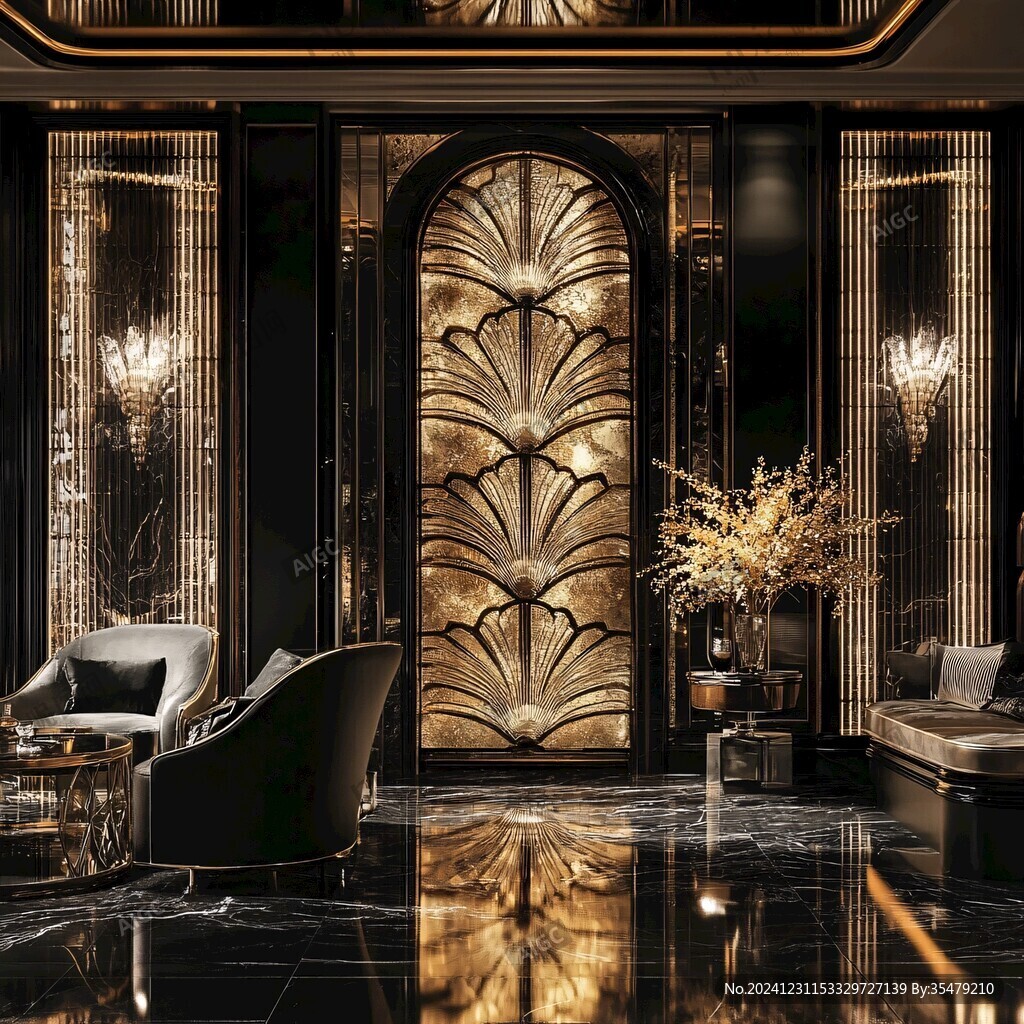 金色质感线条酒店壁画