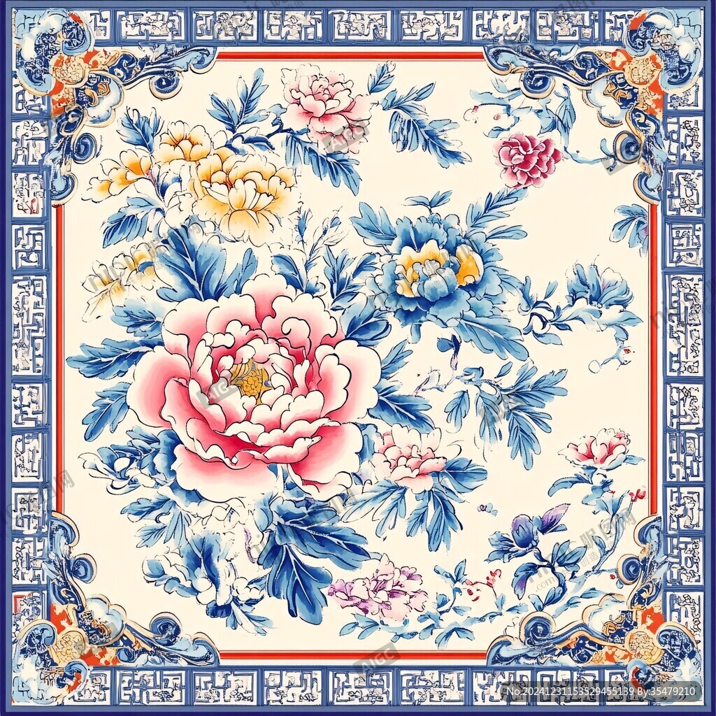 牡丹花鸟四方连续图案