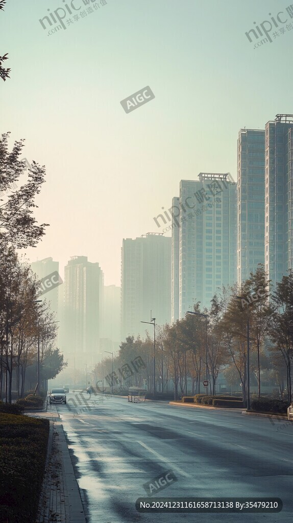 城市早晨小区浓雾