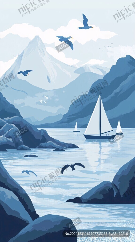 插画山水湖