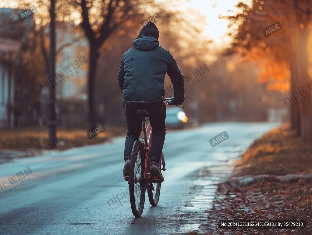 傍晚路上骑自行车的人