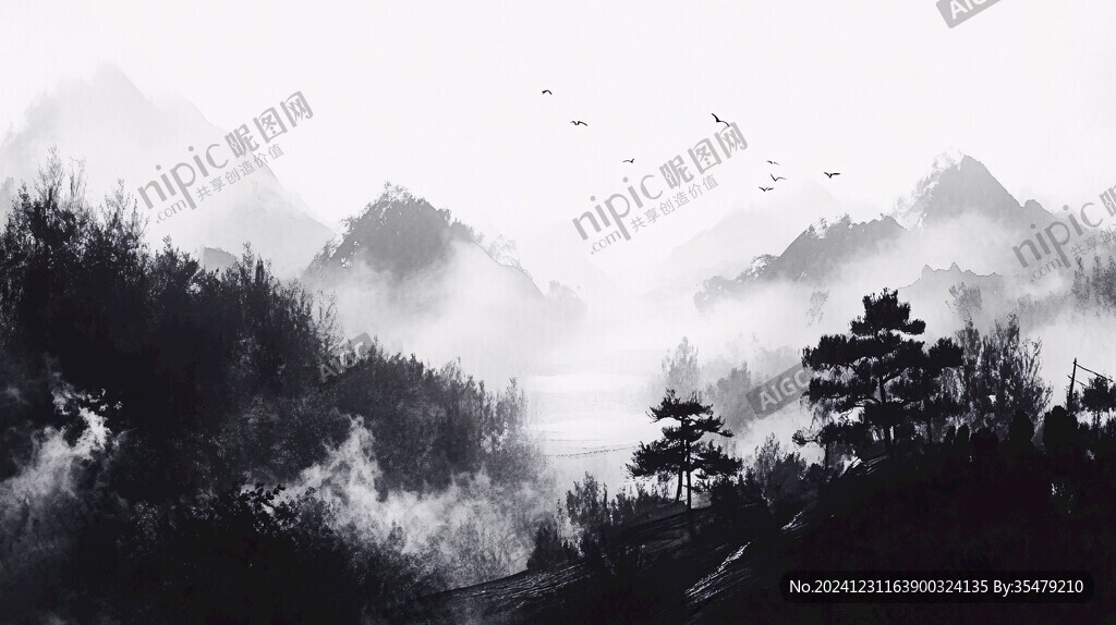 黑白意境水墨山
