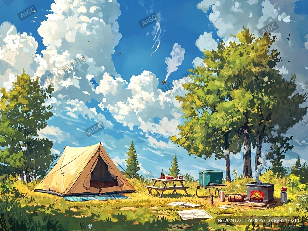 手绘山林露营地