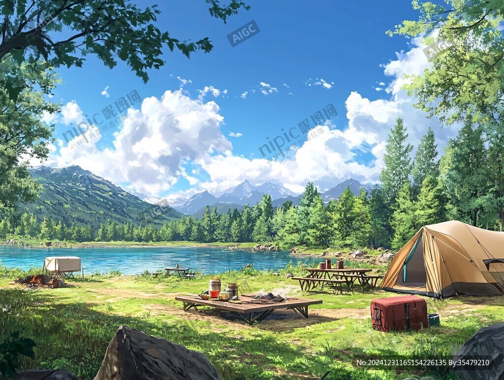 手绘山林露营地