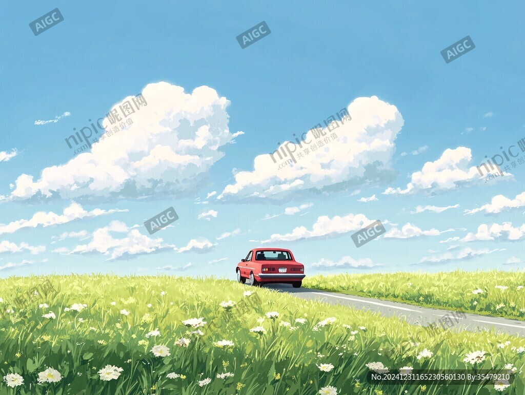 草原蓝天白云汽车