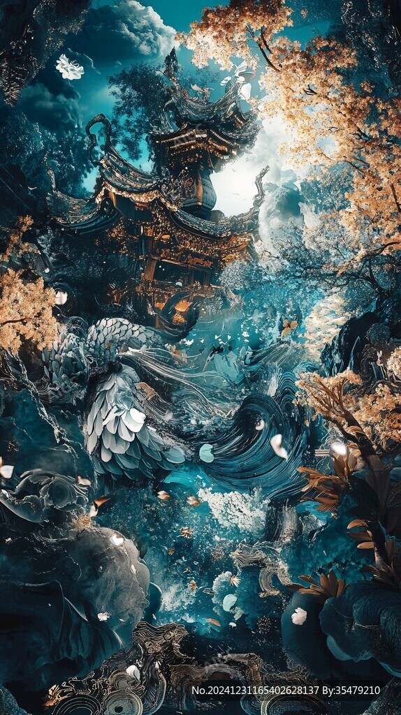 楼阁古风仙鹿仙景