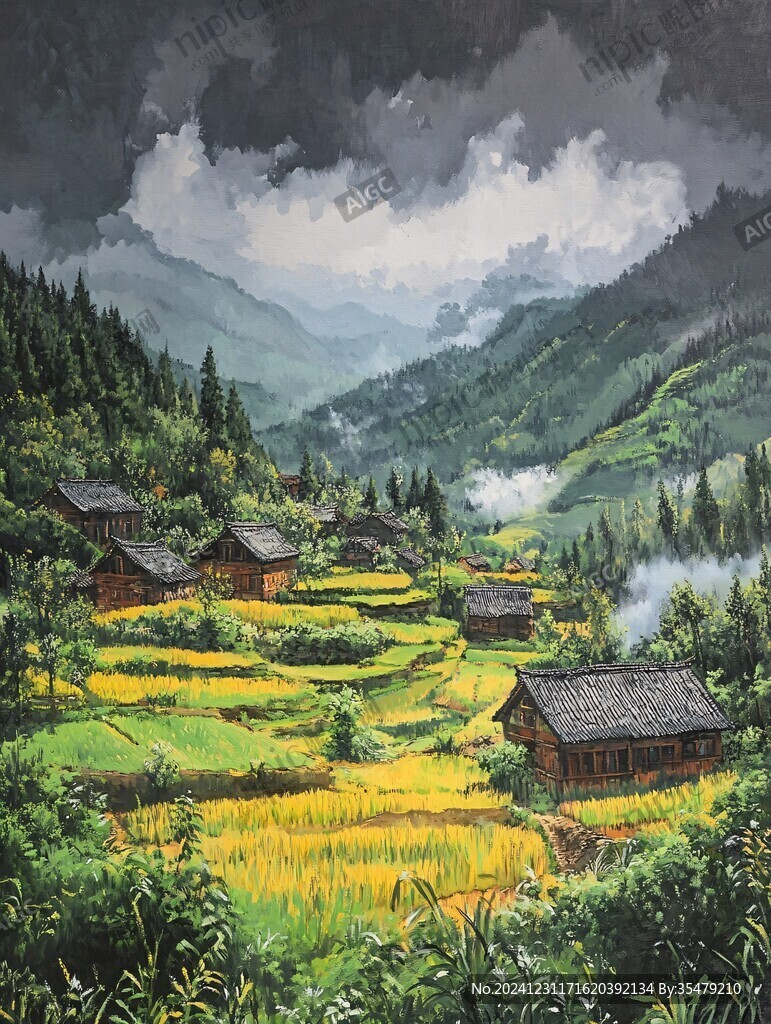 瑶族村寨油画