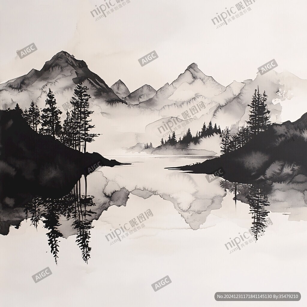 新中式水墨画远山彩绘