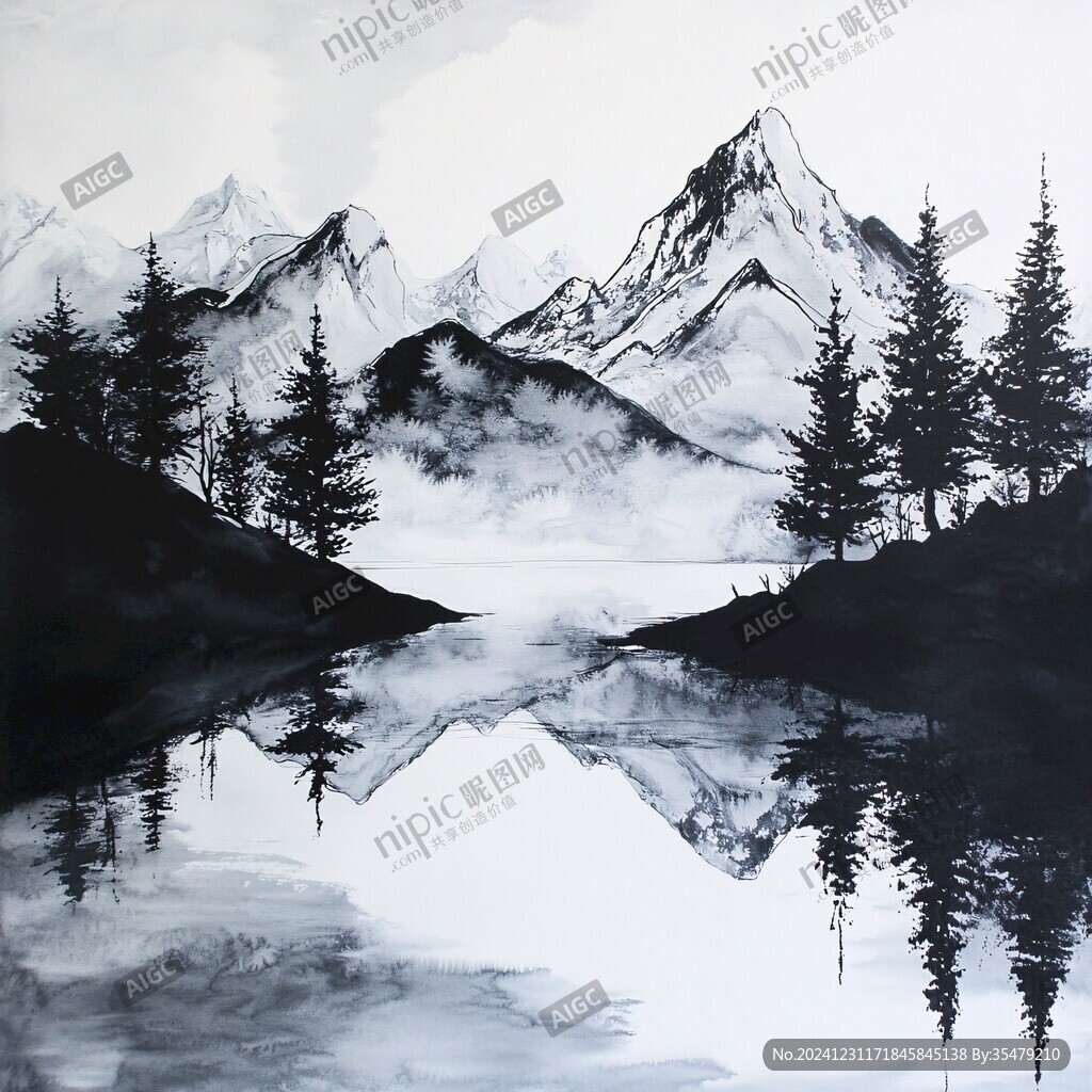 雪山水粉画