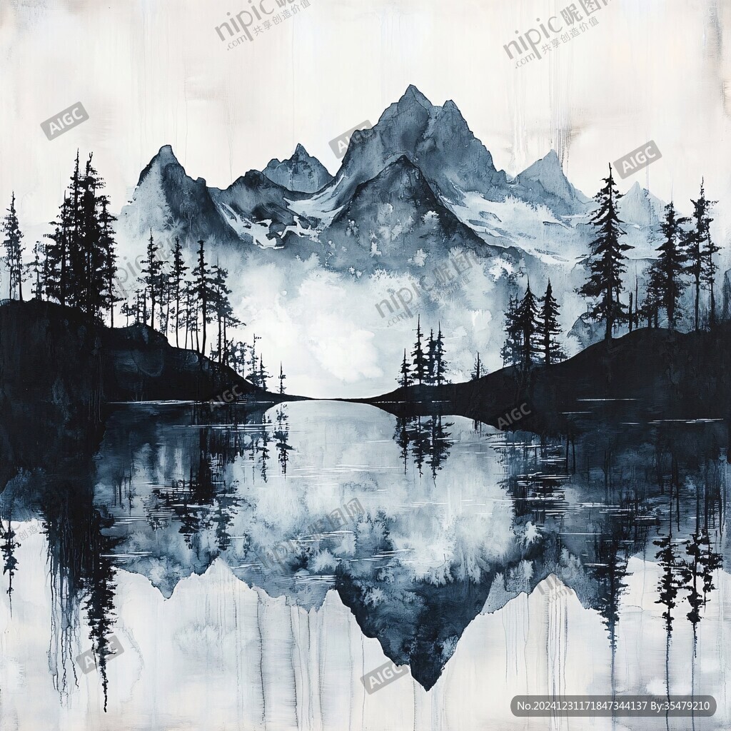 倒影山纹理水画
