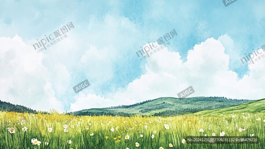 蓝天白云草地插画