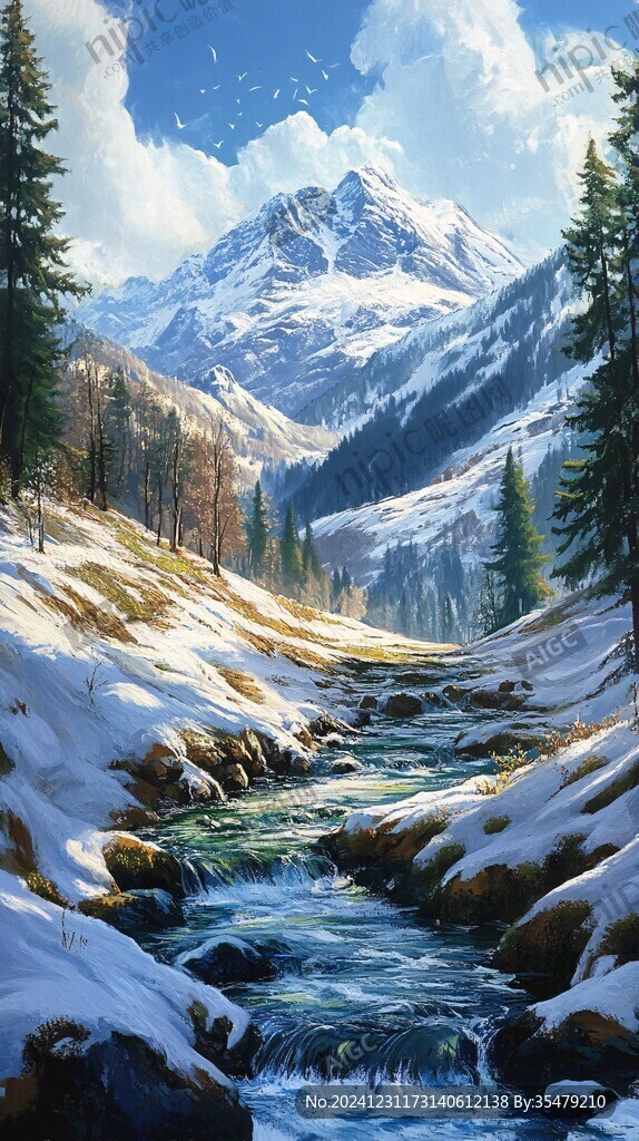 雪山河流油画