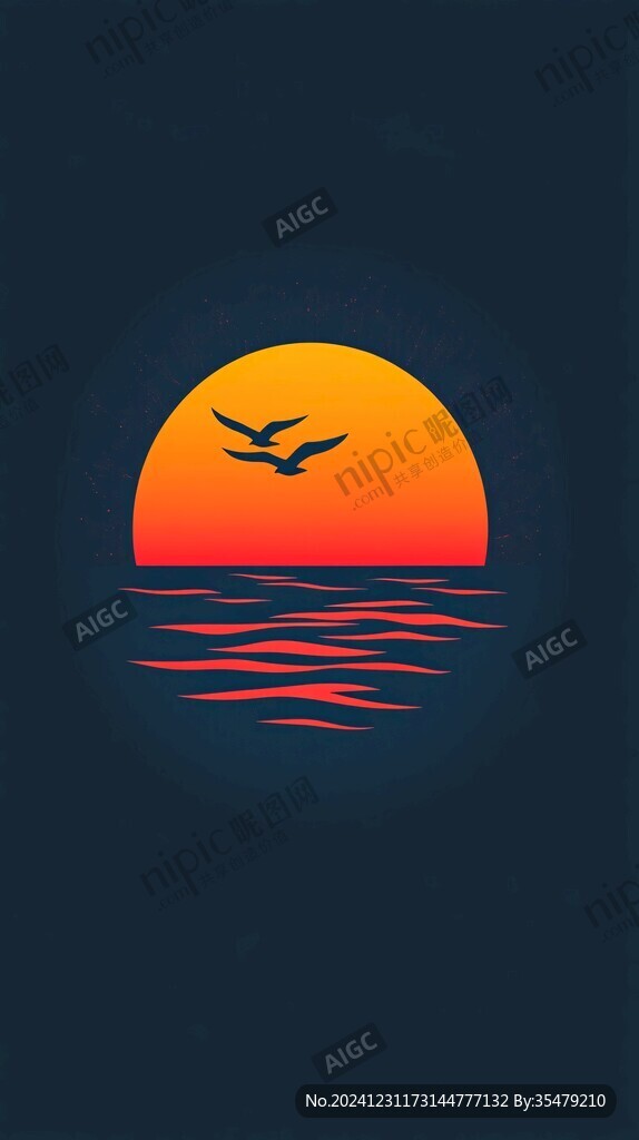 插画飞鸟落日