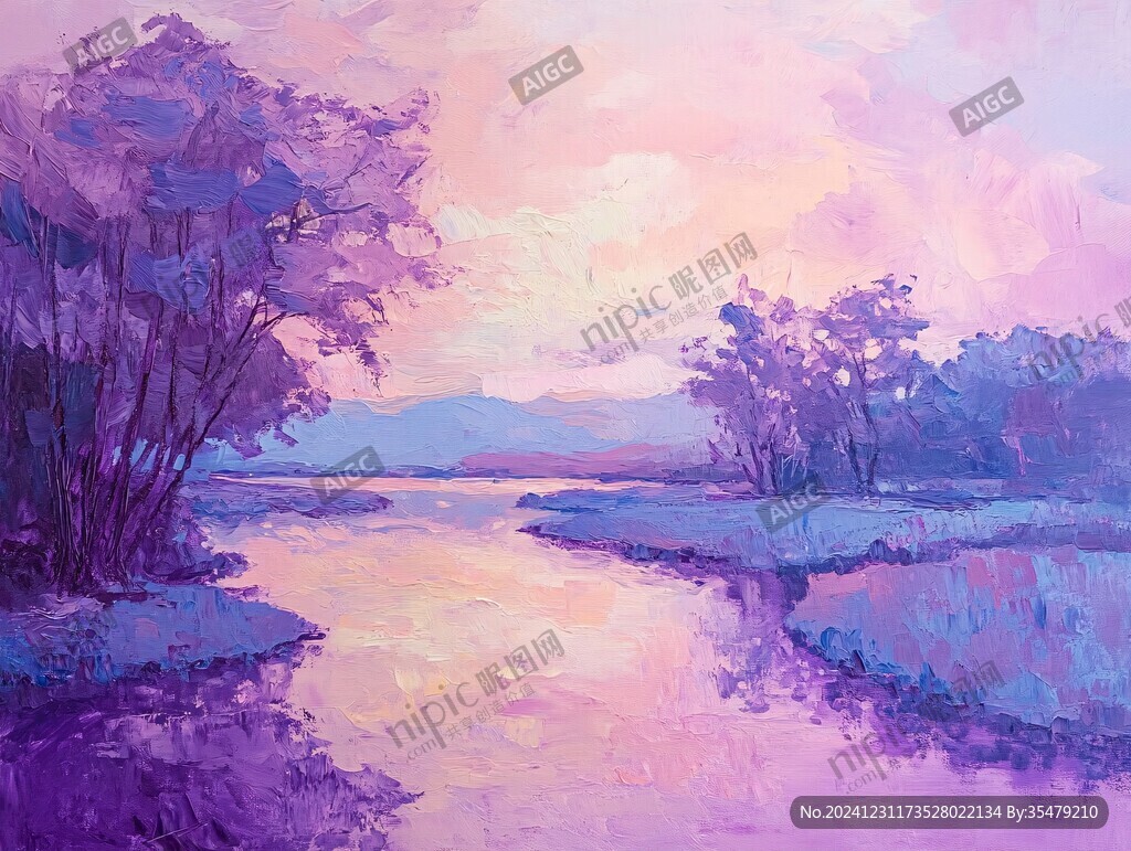 黄昏湖边油画