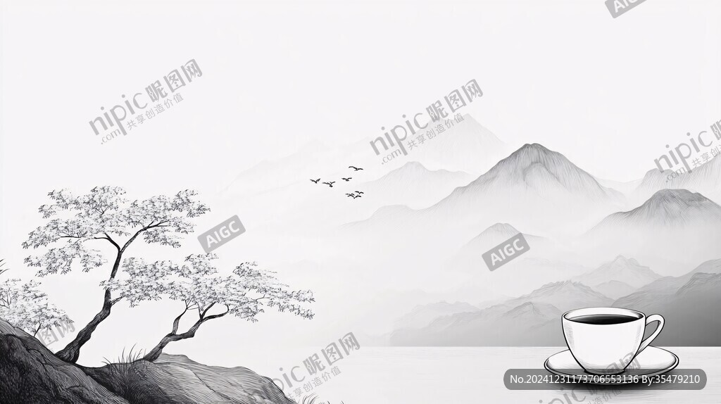水墨山水画写意禅茶道