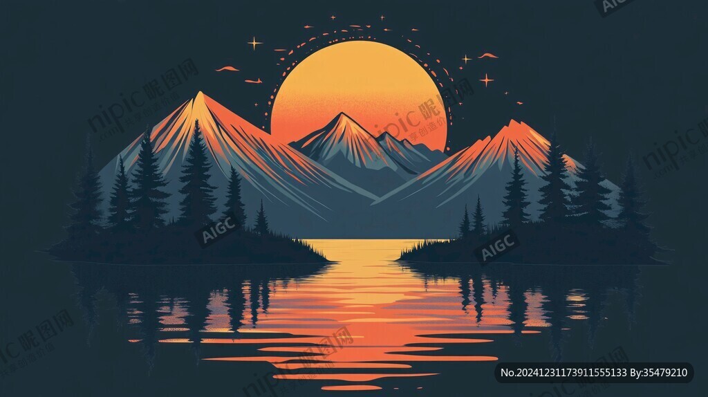山湖插画