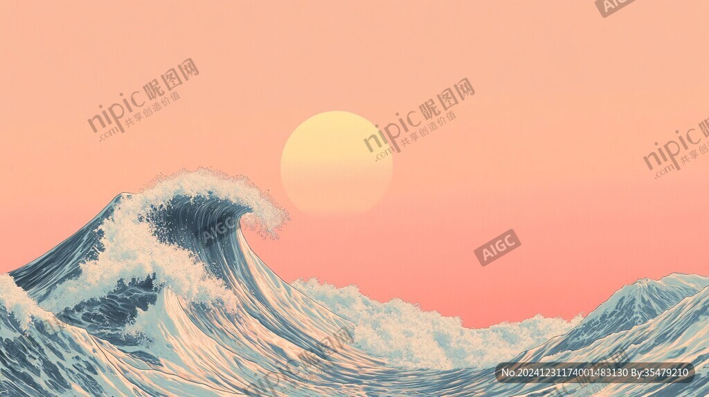 手绘海浪旭日东升