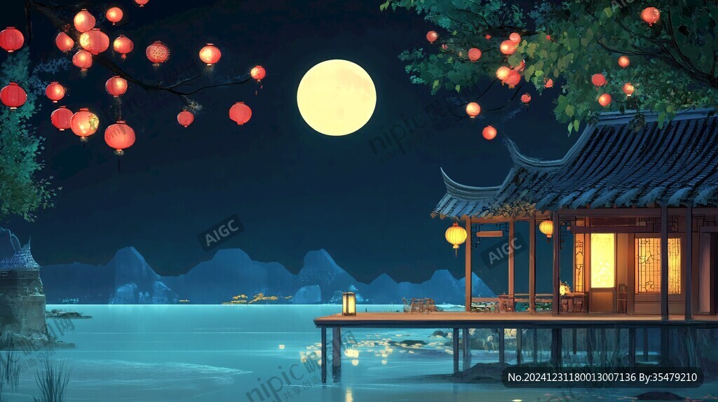 赏月乘凉聚会凉亭