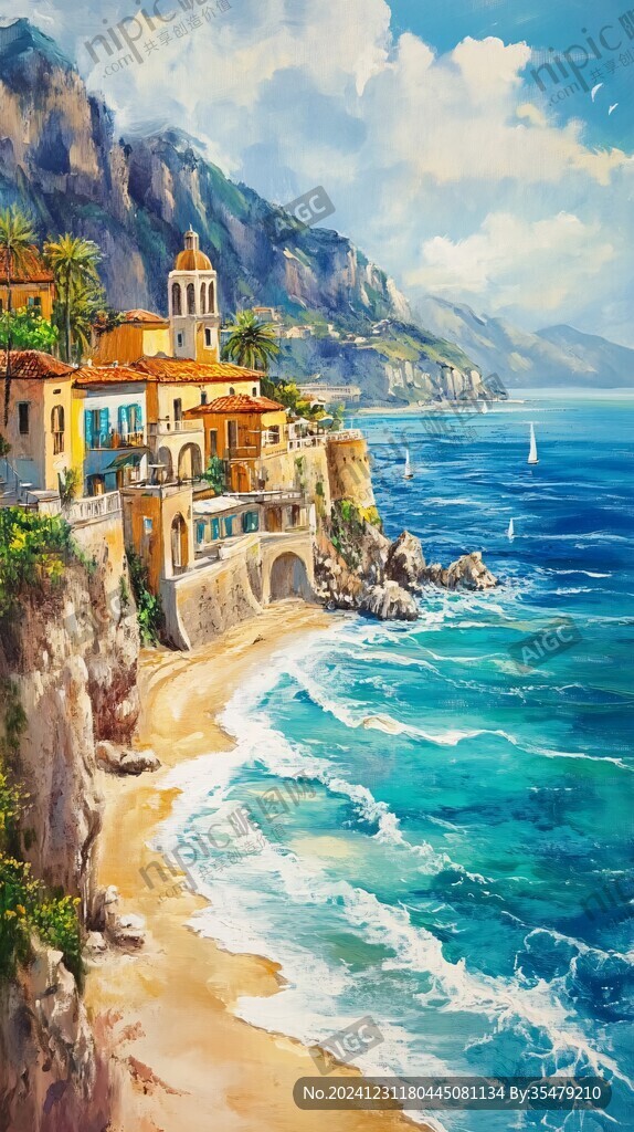 油画地中海风景画