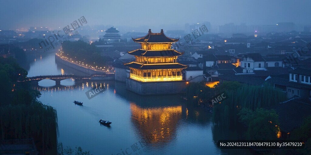 古运河瓜洲彤云阁夜景