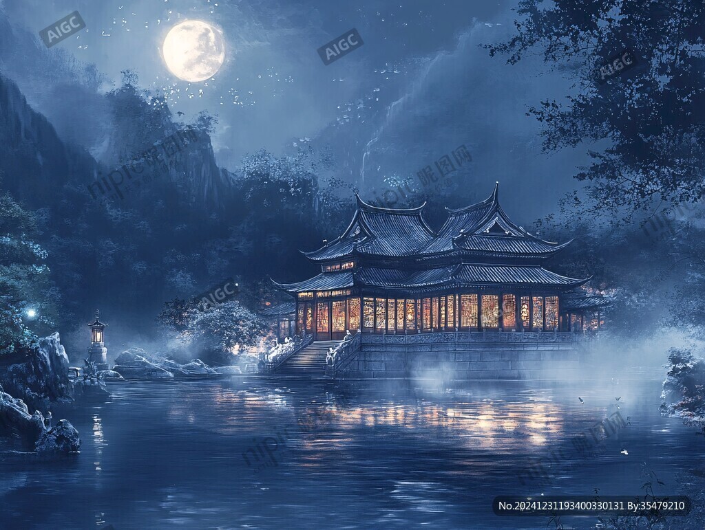 虎溪夜月景点插画