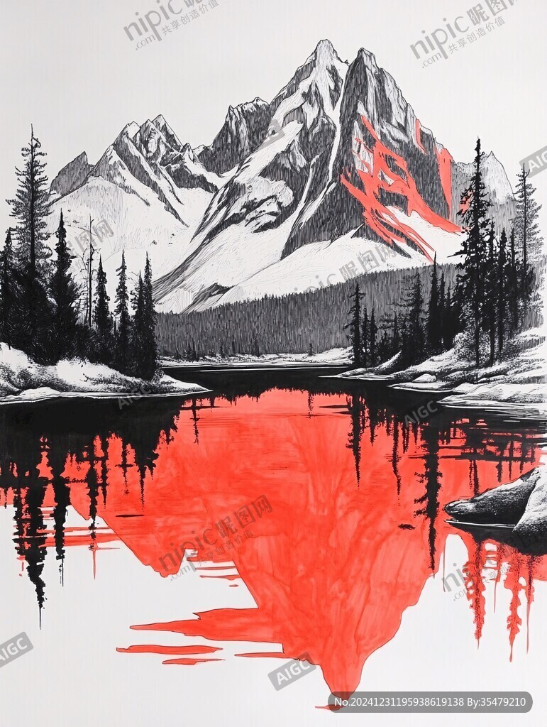 倒影山纹理水画