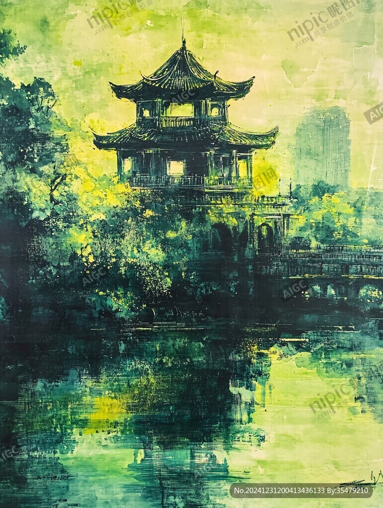 古风亭台楼阁油画