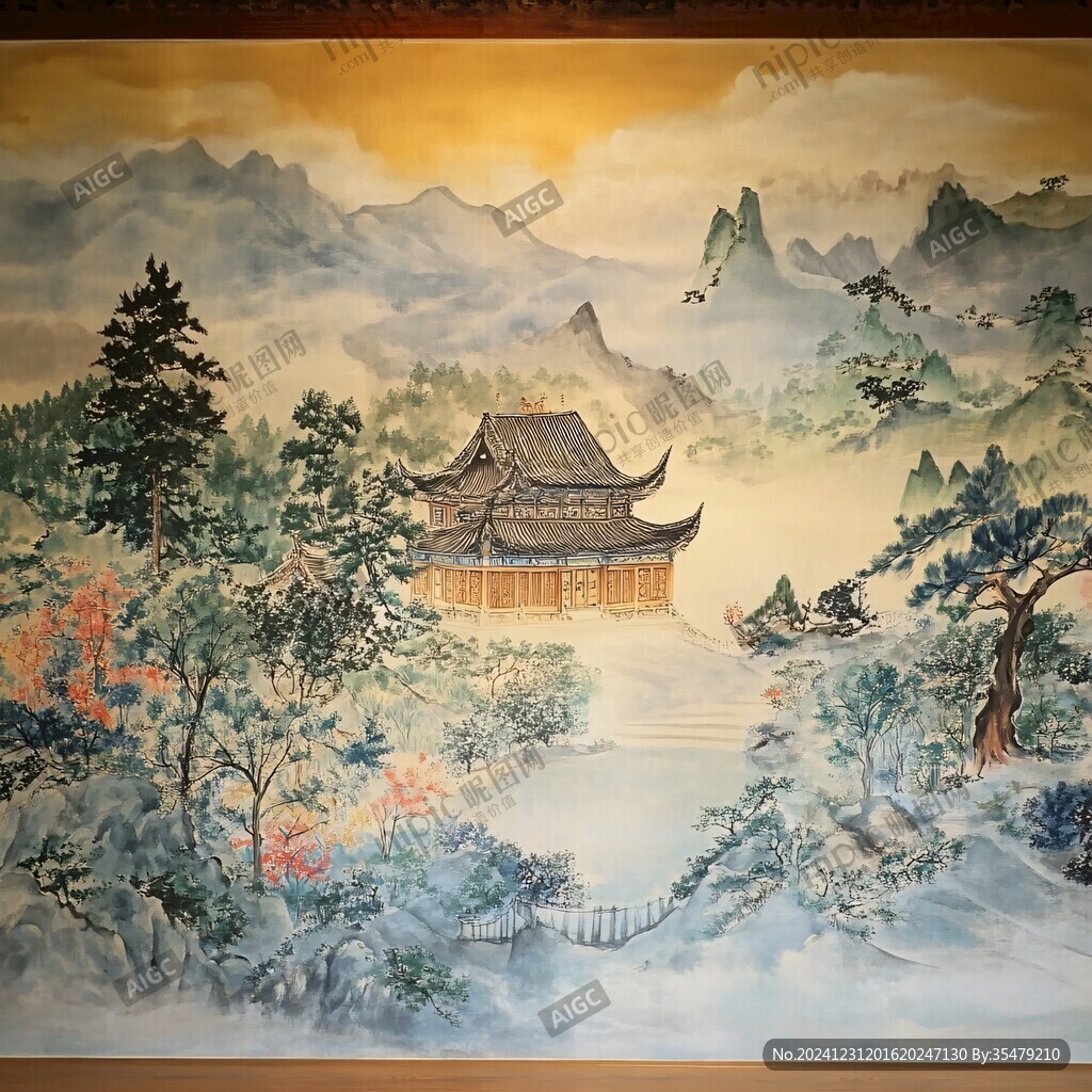 横店彩绘山水水墨画