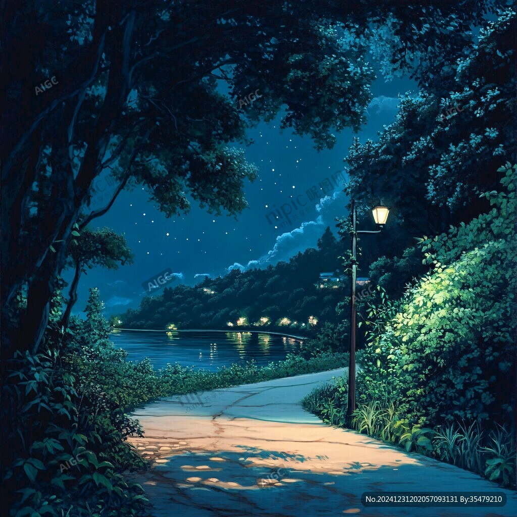 插画夜景湖泊