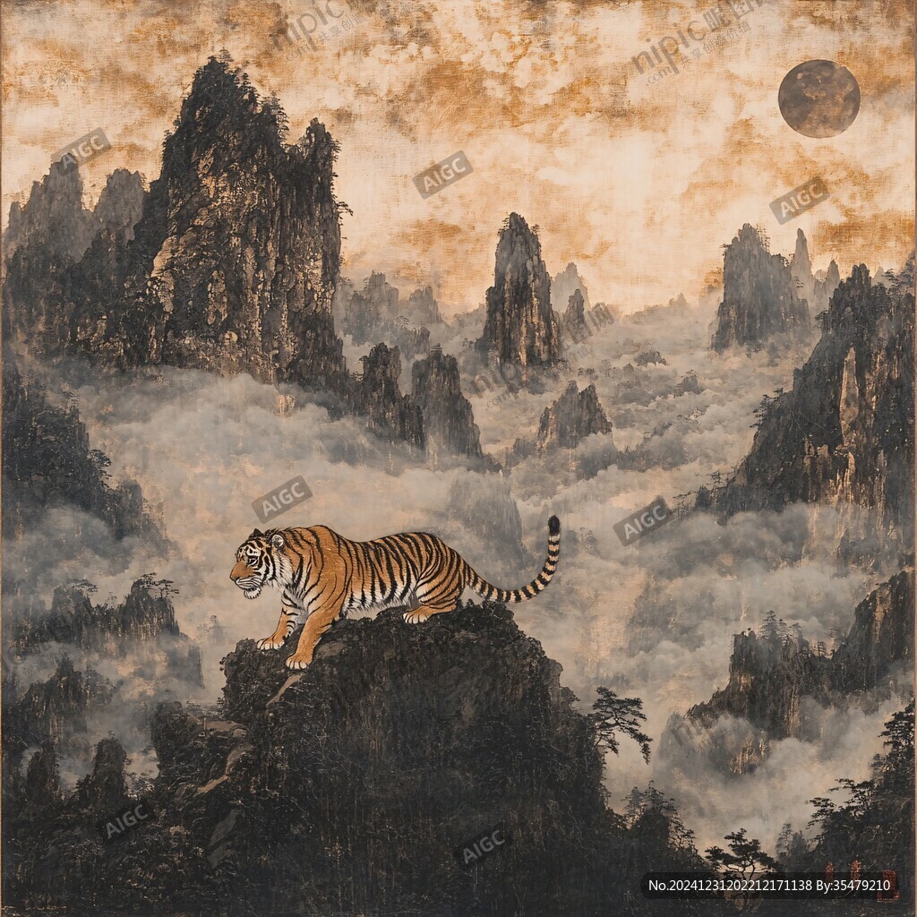 猛虎望月图