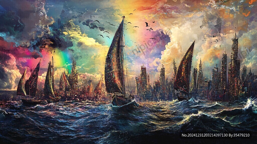 风暴中的帆船风景油画