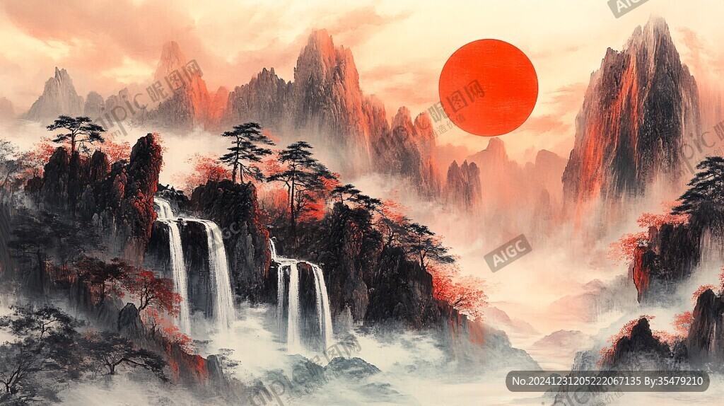 红日水墨山水
