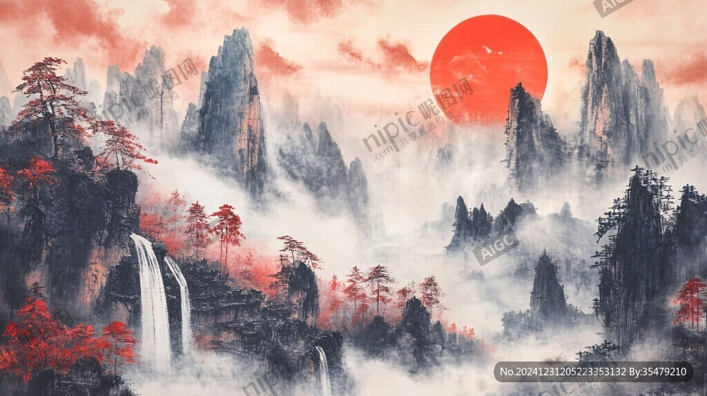 红日水墨山水