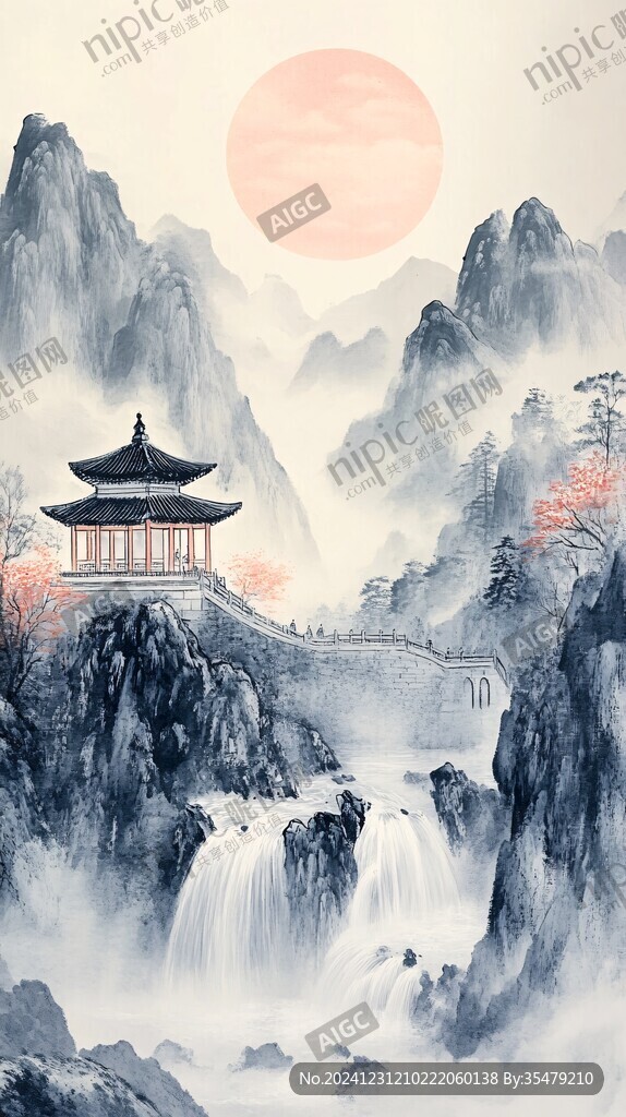 新中式山水描金楼阁画
