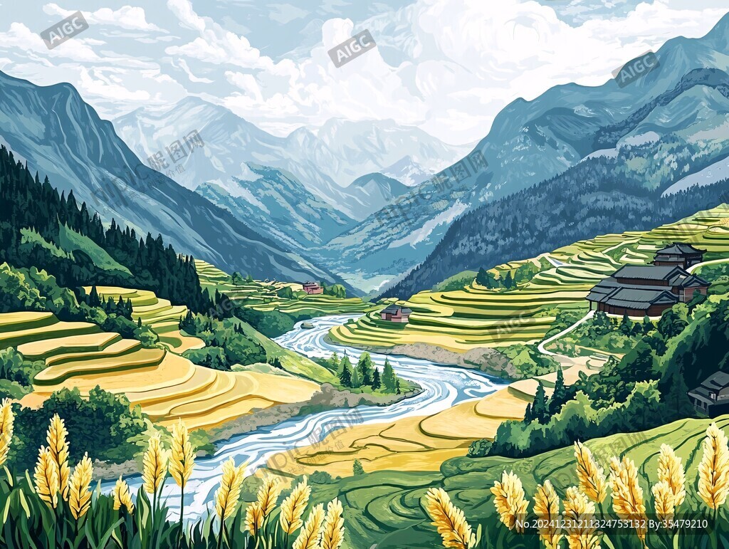 水稻梯田插画