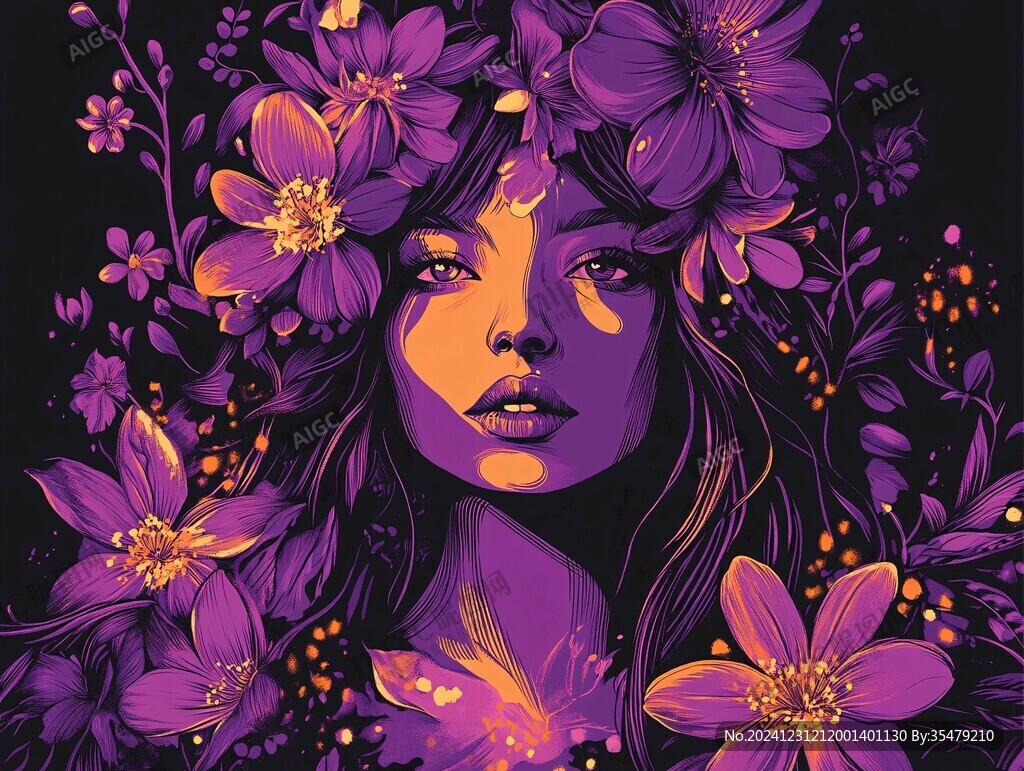手绘鲜花美女