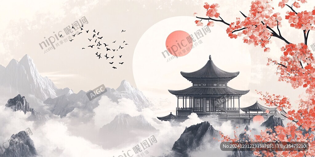 仙鹤楼阁古风山水画