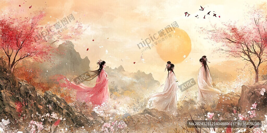 桃花源记古风山水插画