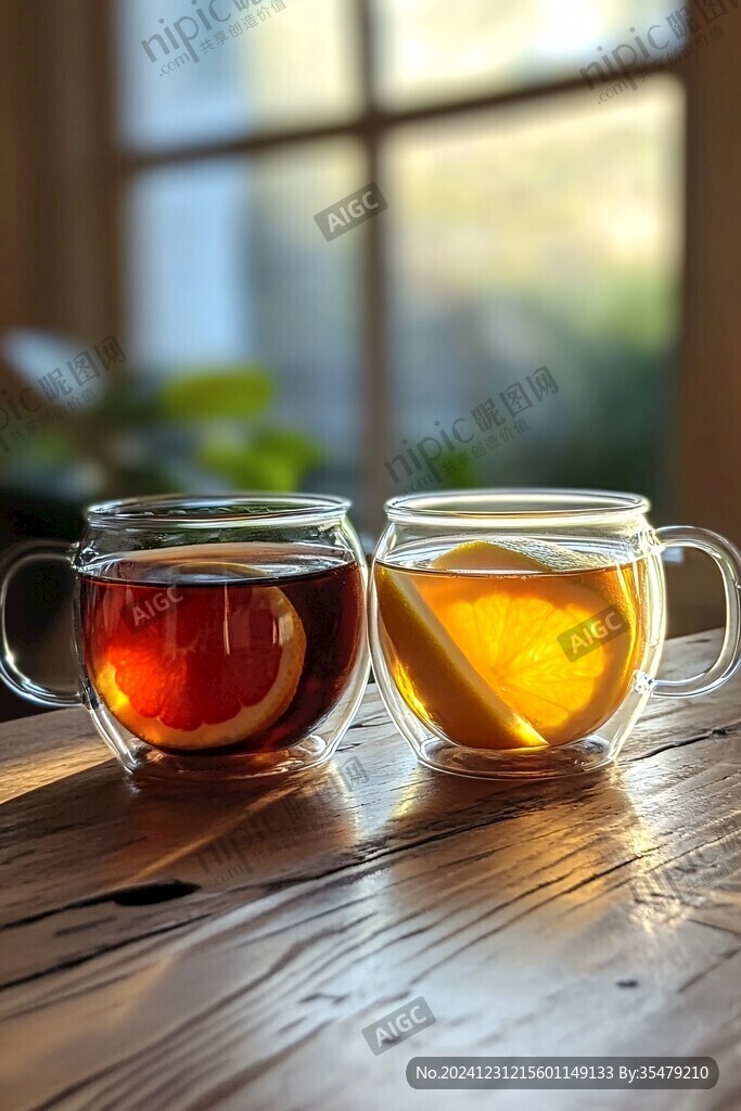 阳光照在两杯茶上