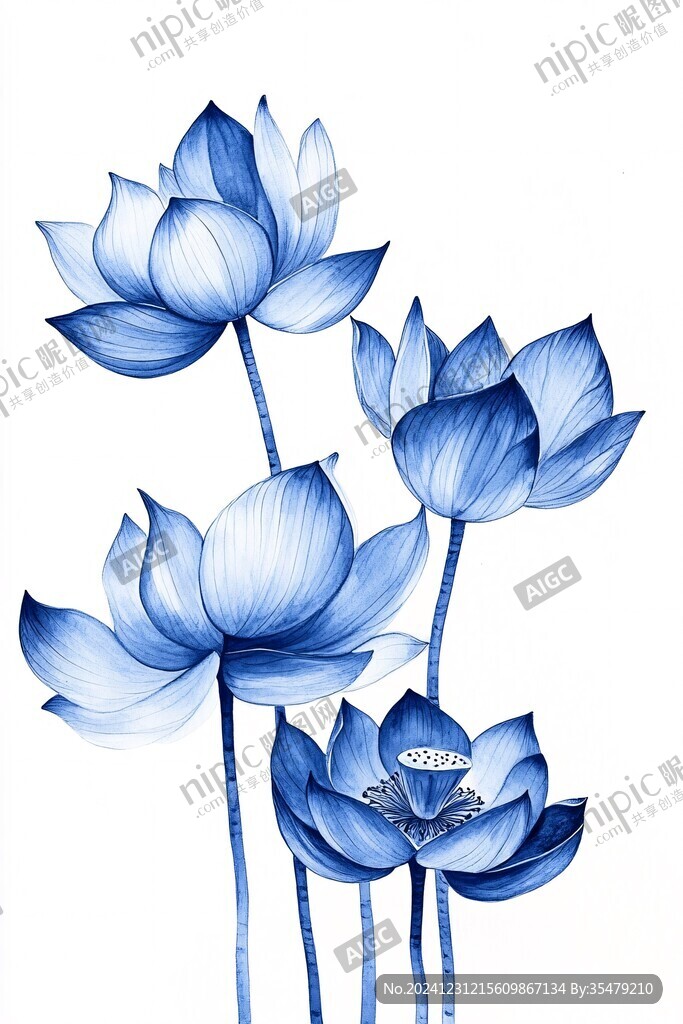 蓝色荷花壁画