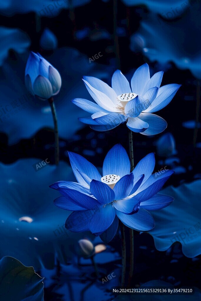 深蓝背景荷花图