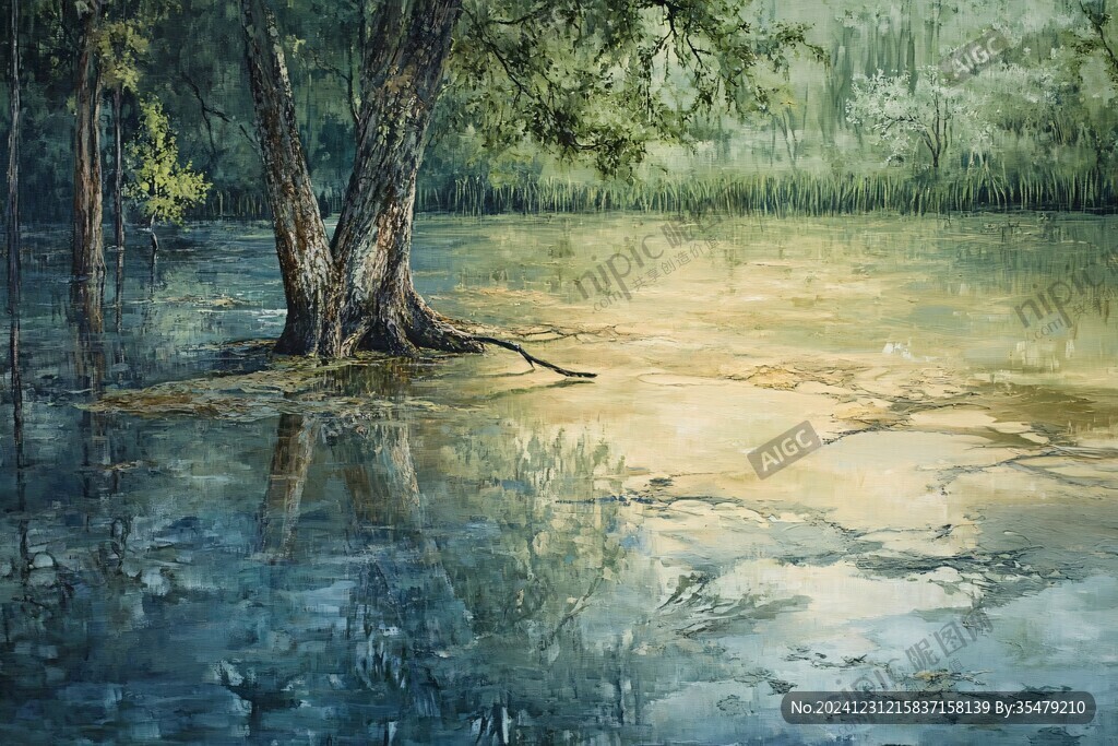 水边树木油画