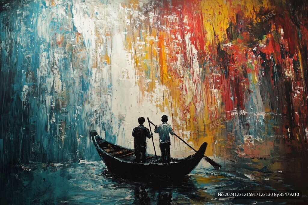 水乡游船油画
