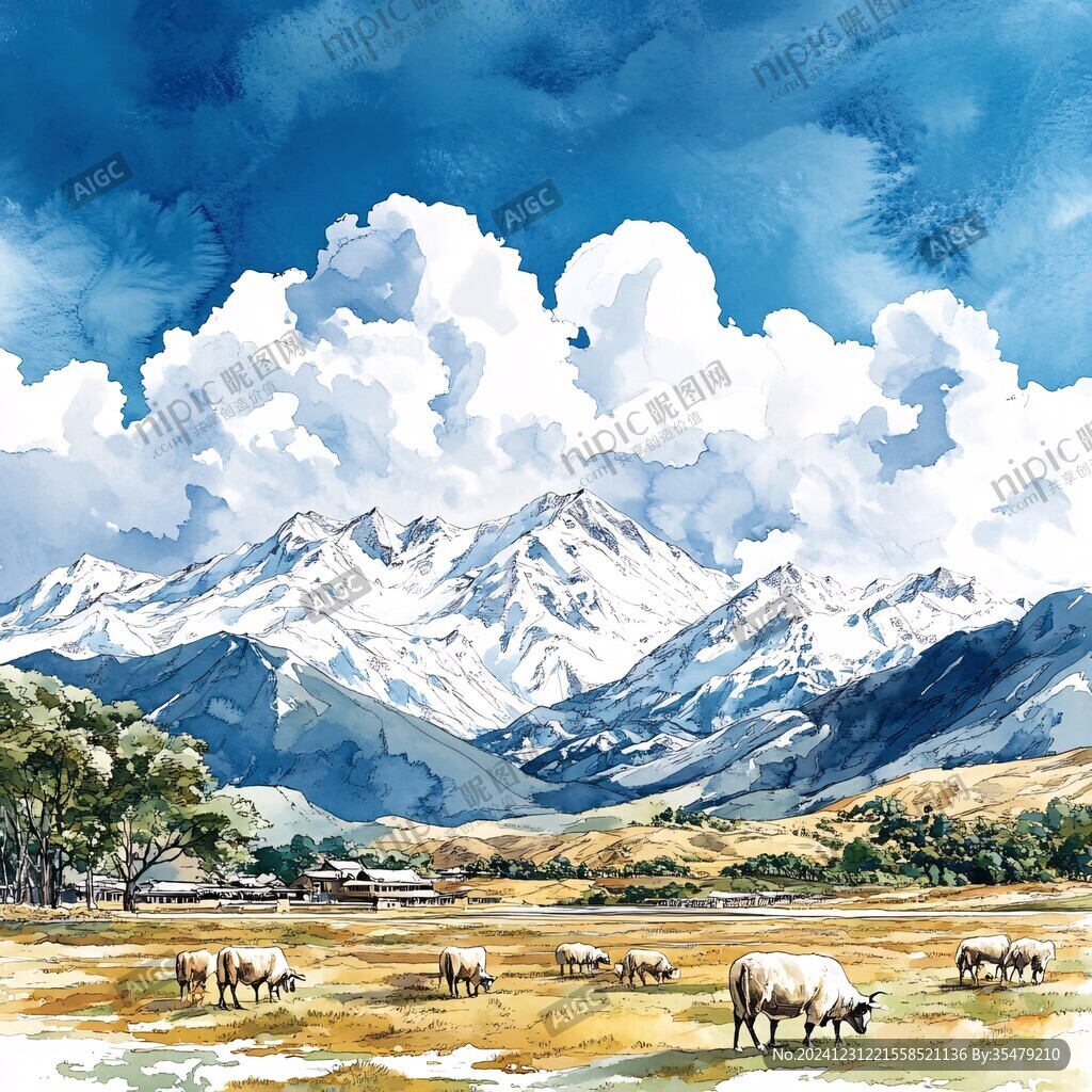 手绘草原草雪山