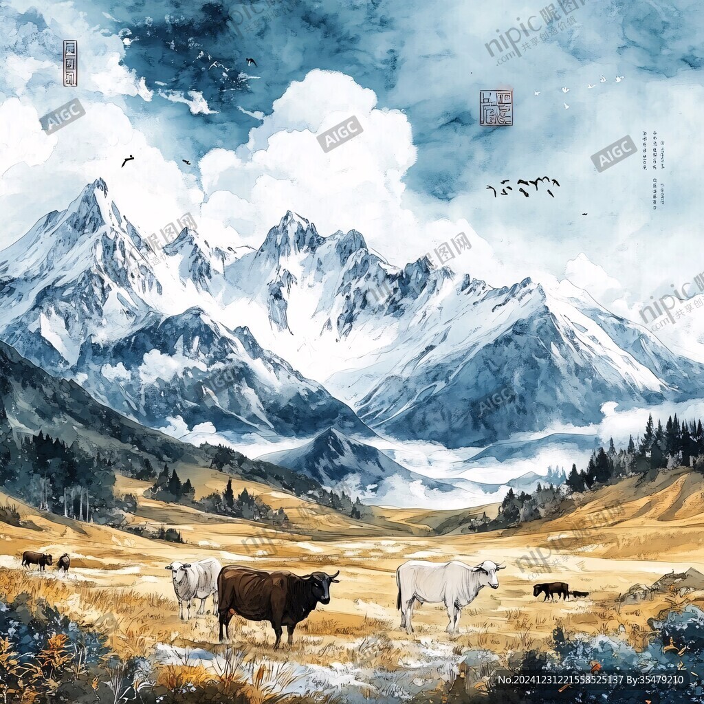手绘草原草雪山